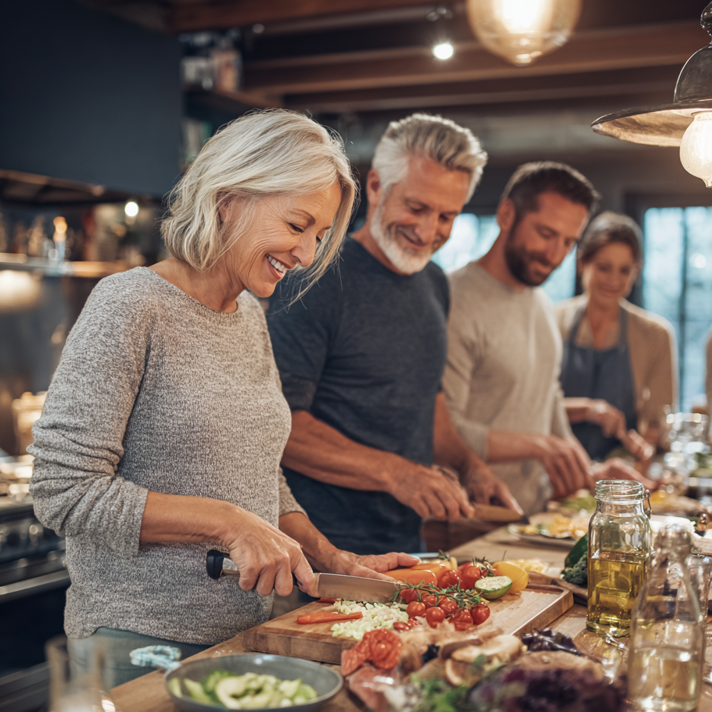 Middle-aged adults preparing healthy meal together in modern kitchen