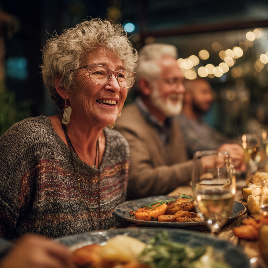 Older adults enjoying healthy dinner with family, smiling and relaxed